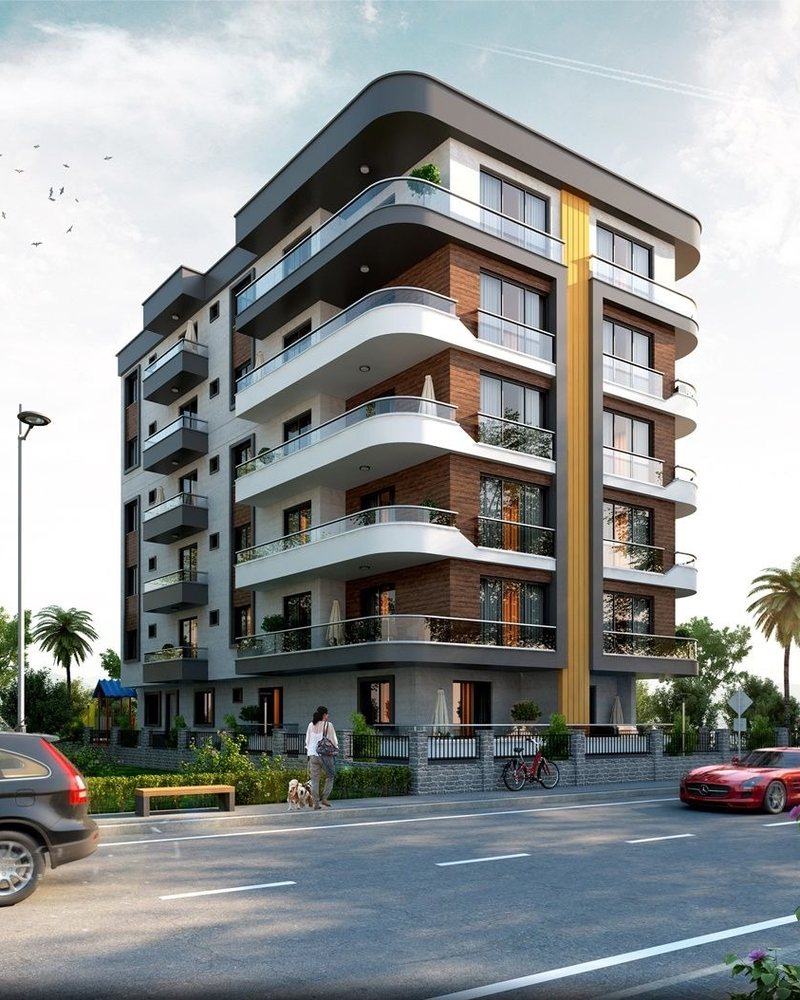 Çok katlı, geniş balkonlu modern bir konut binasının sokak cephesi